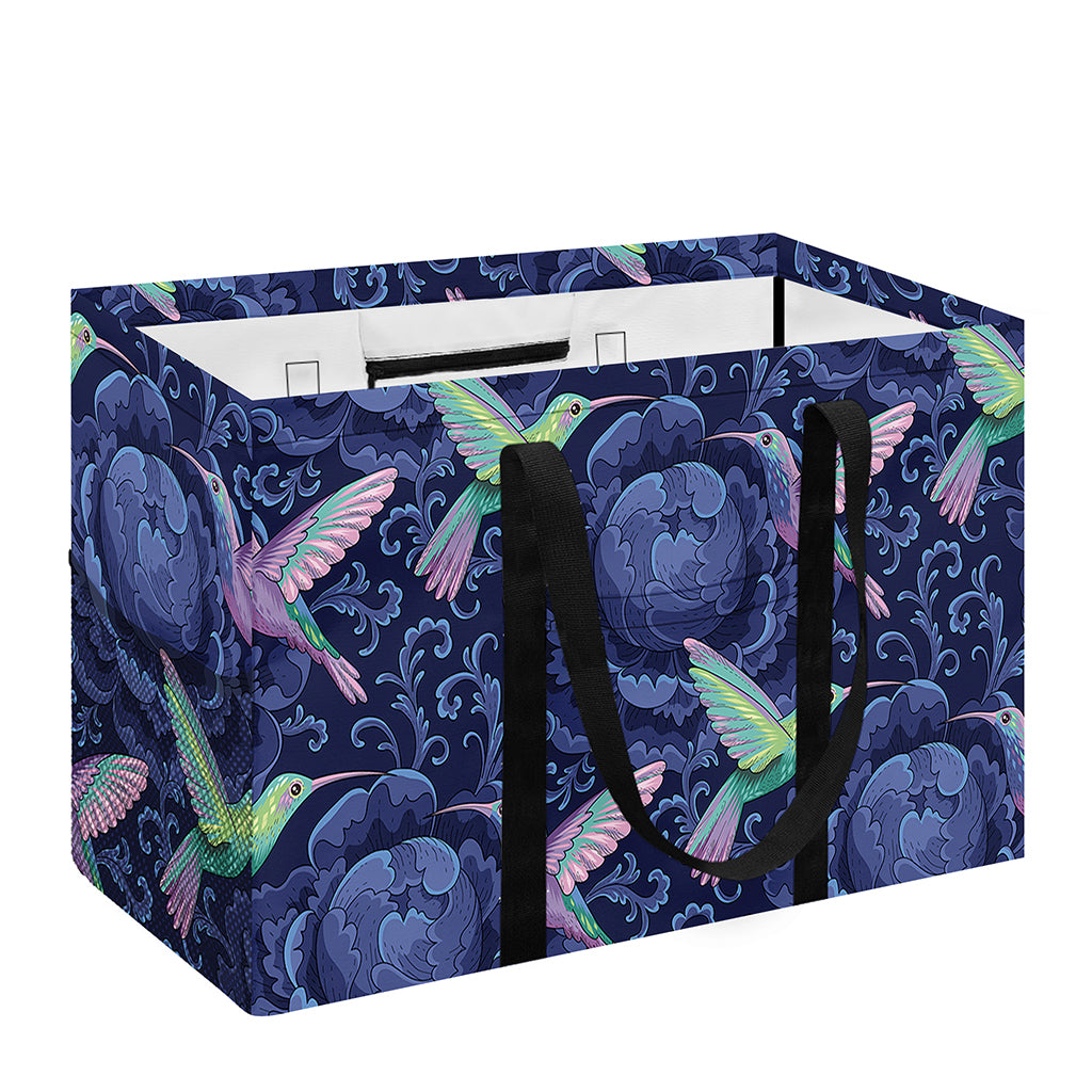 Dark Blue Floral Hummingbird Print Utility Tote Bag