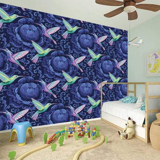 Dark Blue Floral Hummingbird Print Wall Sticker