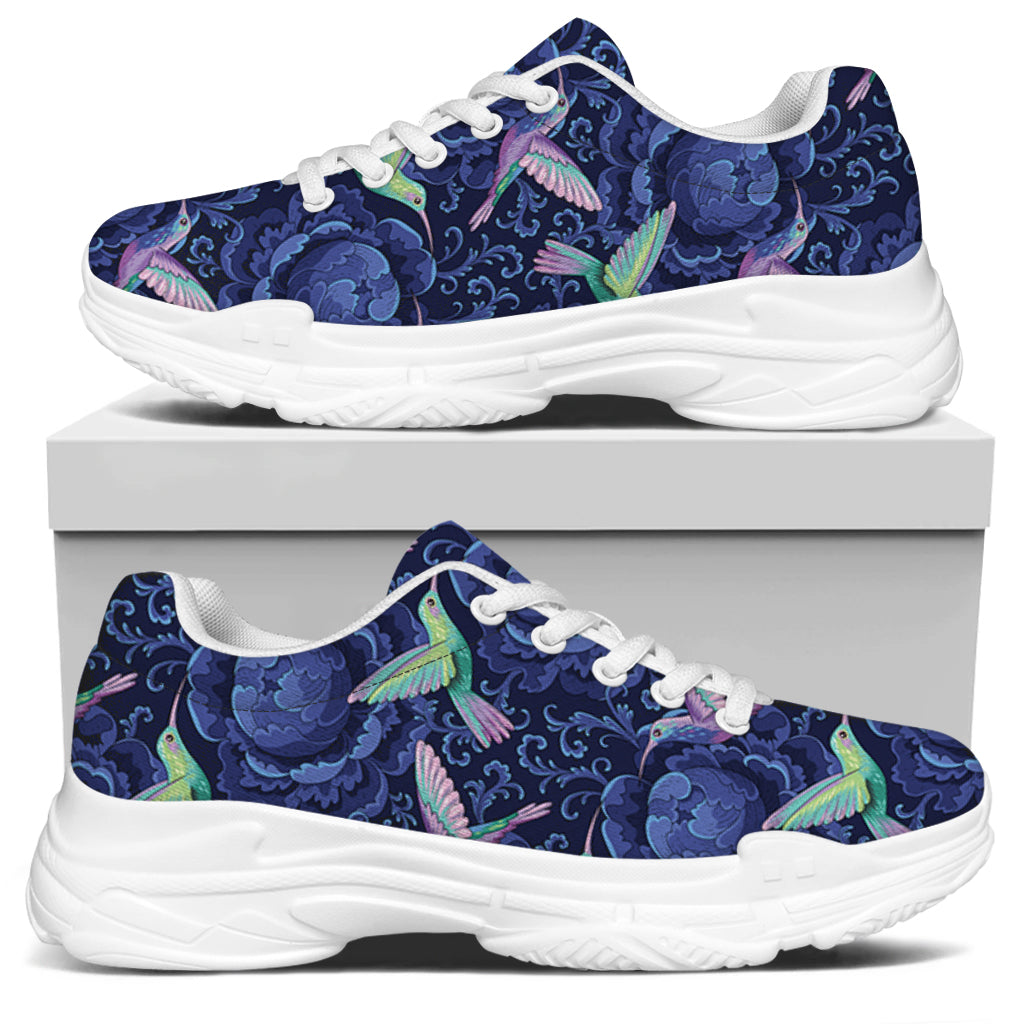 Dark Blue Floral Hummingbird Print White Chunky Shoes