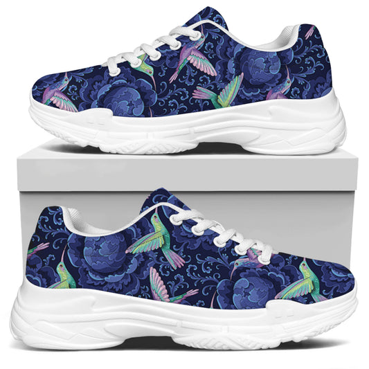 Dark Blue Floral Hummingbird Print White Chunky Shoes