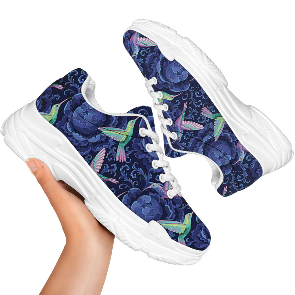 Dark Blue Floral Hummingbird Print White Chunky Shoes