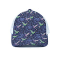 Dark Blue Floral Hummingbird Print White Mesh Trucker Hat