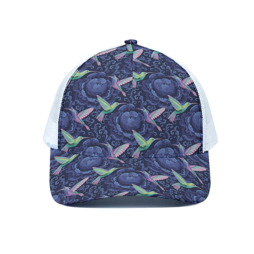 Dark Blue Floral Hummingbird Print White Mesh Trucker Cap