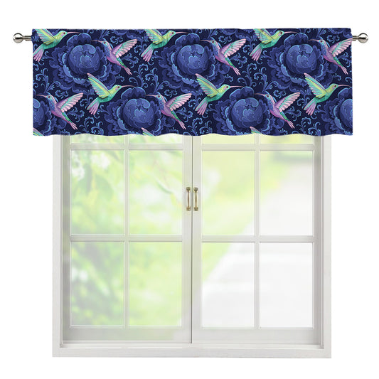 Dark Blue Floral Hummingbird Print Window Valance