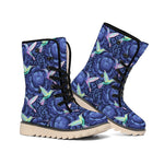 Dark Blue Floral Hummingbird Print Winter Boots