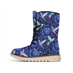 Dark Blue Floral Hummingbird Print Winter Boots