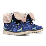 Dark Blue Floral Hummingbird Print Winter Boots