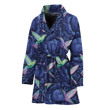 Dark Blue Floral Hummingbird Print Women's Bathrobe