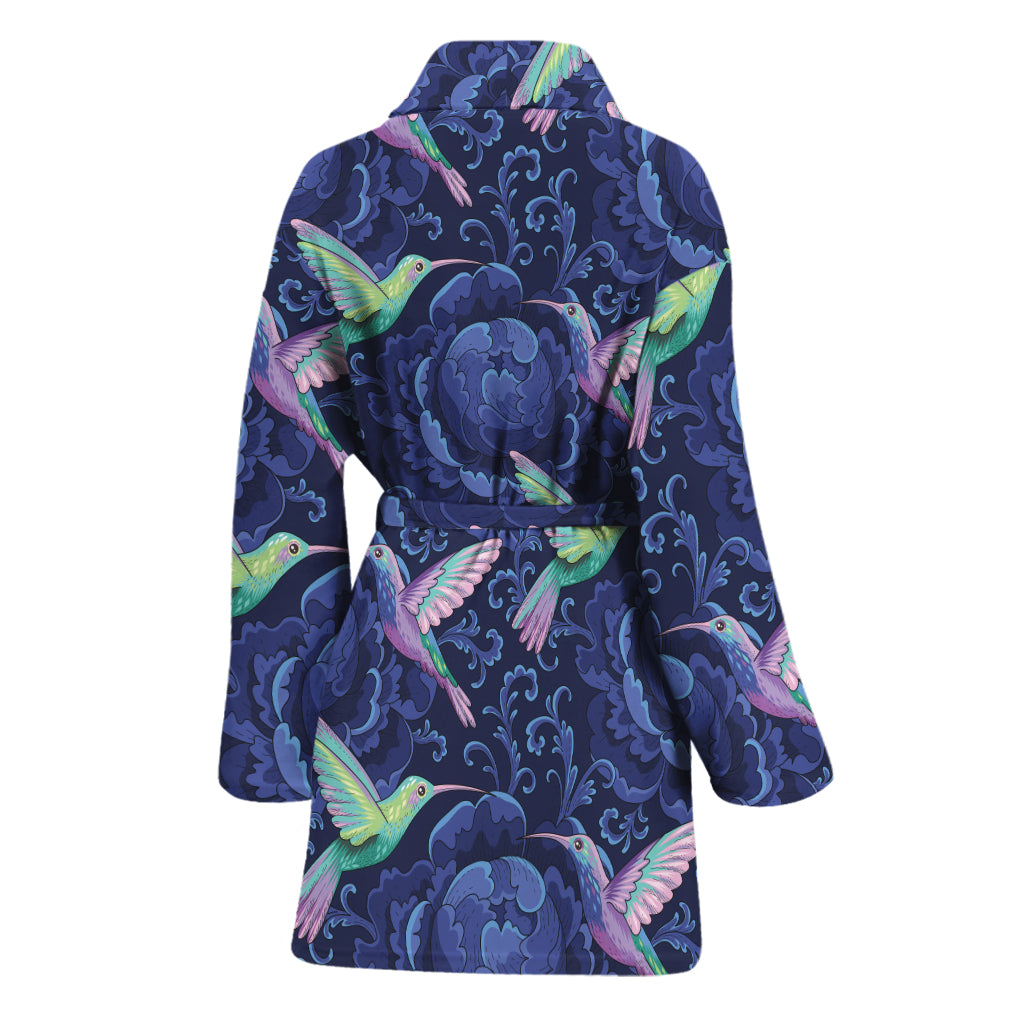 Dark Blue Floral Hummingbird Print Women's Bathrobe