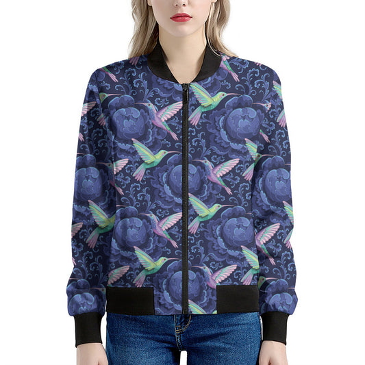 Dark Blue Floral Hummingbird Print Women's Bomber Jacket