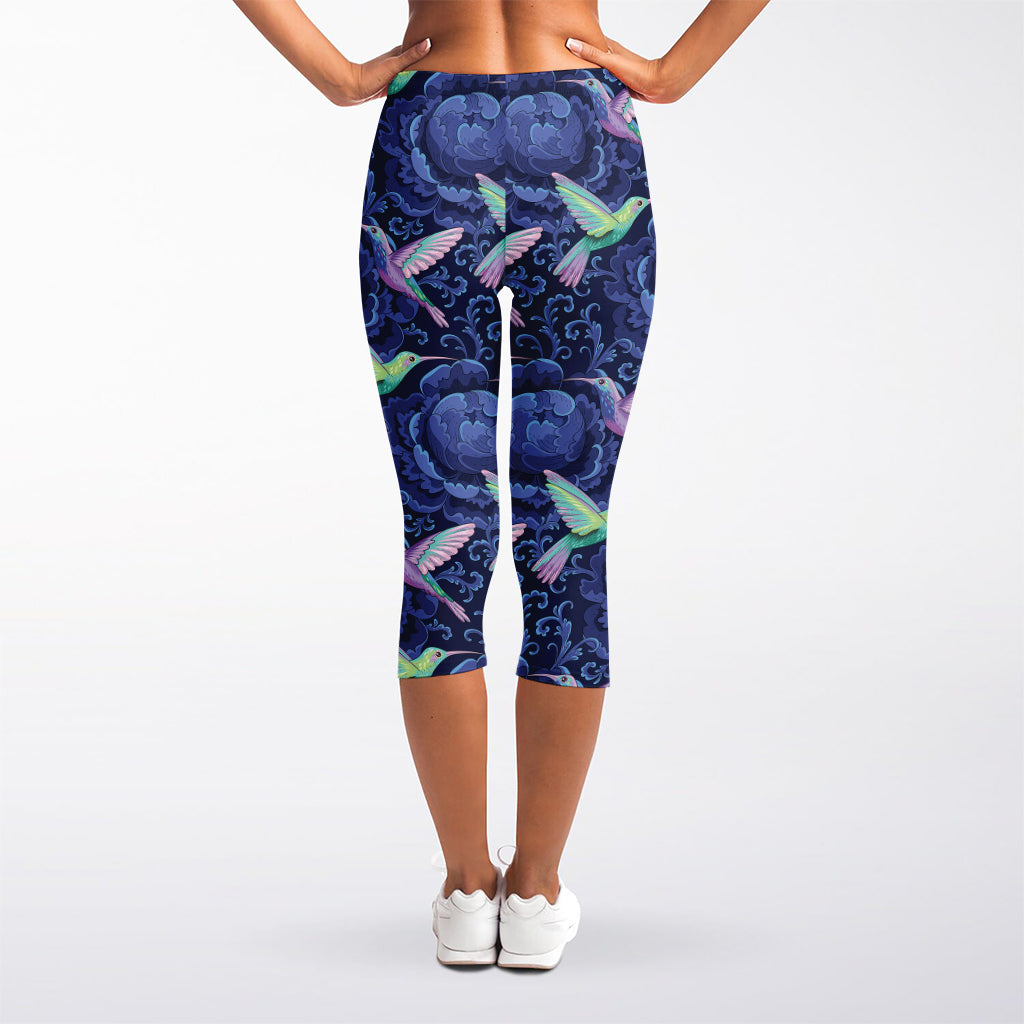 Dark Blue Floral Hummingbird Print Women's Capri Leggings