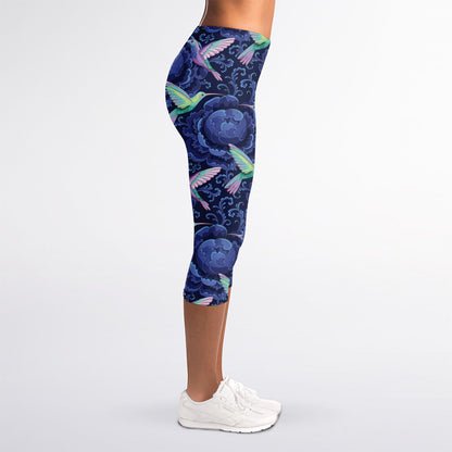 Dark Blue Floral Hummingbird Print Women's Capri Leggings