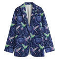 Dark Blue Floral Hummingbird Print Women's Cotton Blazer
