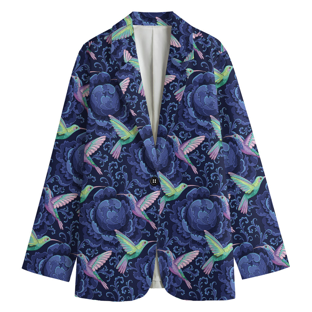 Dark Blue Floral Hummingbird Print Women's Cotton Blazer