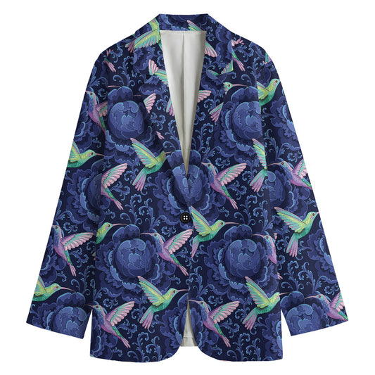 Dark Blue Floral Hummingbird Print Women's Cotton Blazer