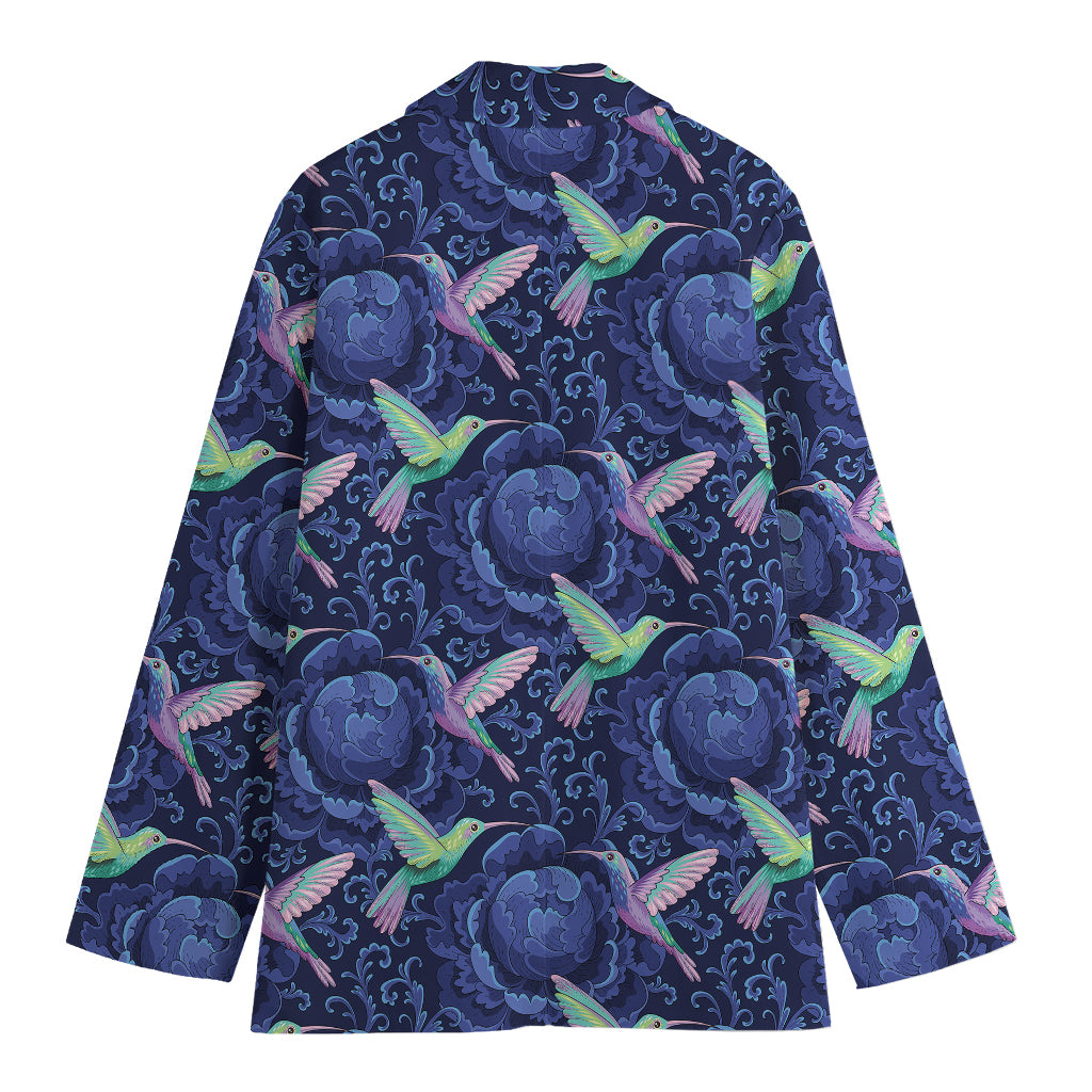 Dark Blue Floral Hummingbird Print Women's Cotton Blazer