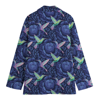 Dark Blue Floral Hummingbird Print Women's Cotton Blazer
