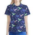 Dark Blue Floral Hummingbird Print Women's Polo Shirt