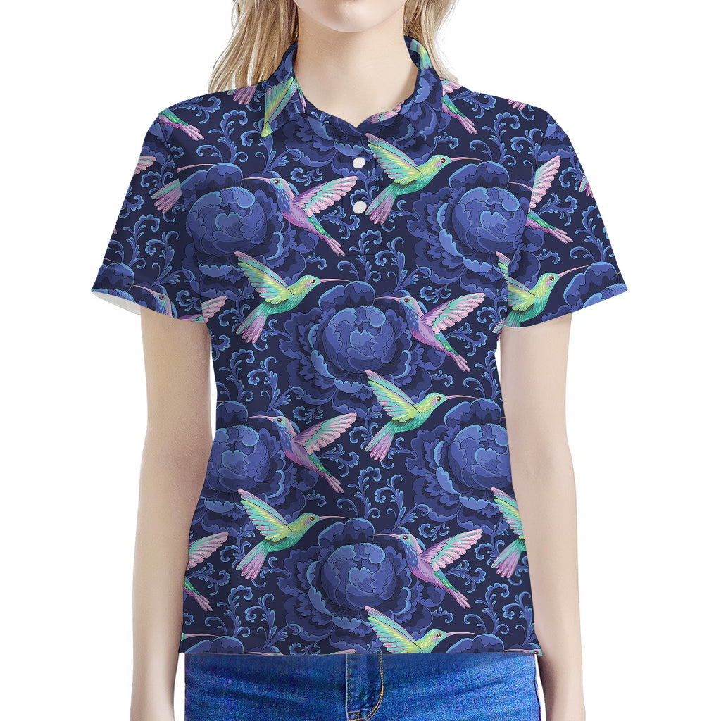 Dark Blue Floral Hummingbird Print Women's Polo Shirt