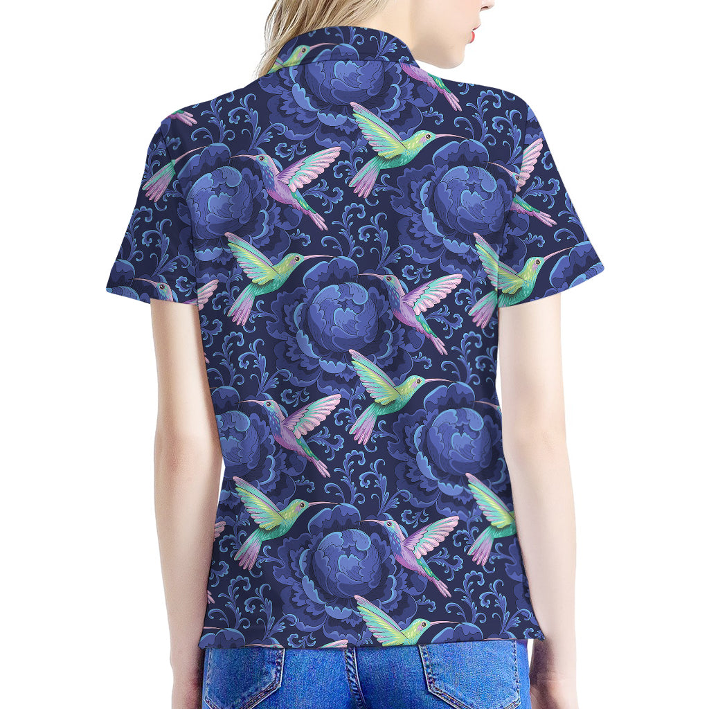 Dark Blue Floral Hummingbird Print Women's Polo Shirt