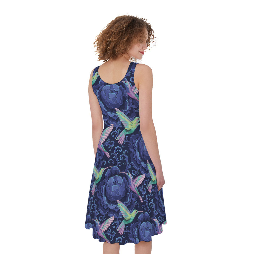 Dark Blue Floral Hummingbird Print Women's Sleeveless Dress