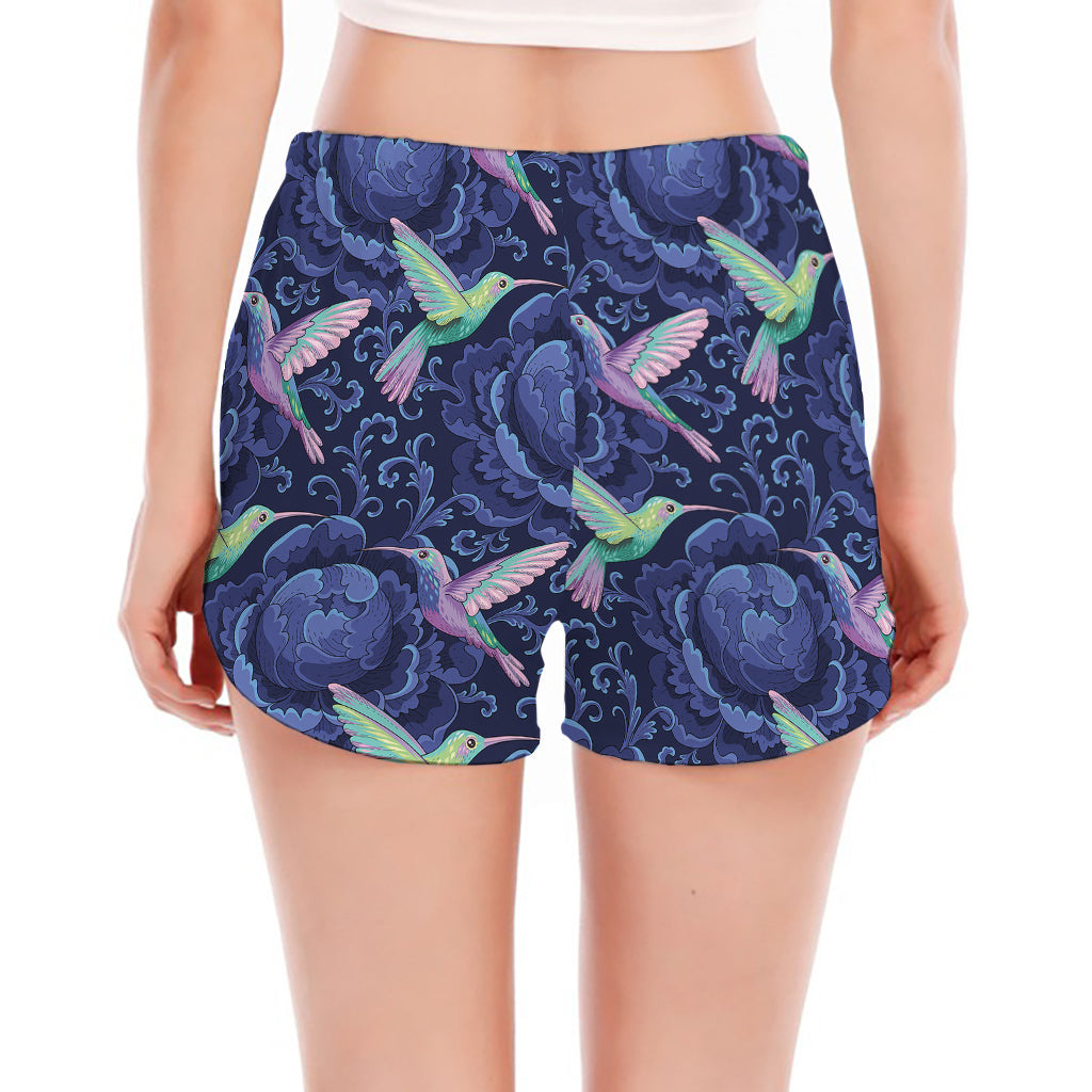 Dark Blue Floral Hummingbird Print Women's Split Running Shorts