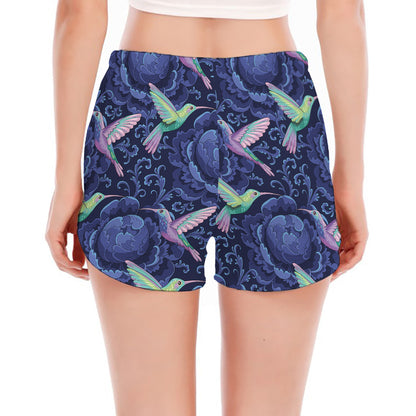 Dark Blue Floral Hummingbird Print Women's Split Running Shorts