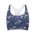 Dark Blue Floral Hummingbird Print Women's Sports Bra