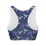 Dark Blue Floral Hummingbird Print Women's Sports Bra