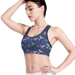 Dark Blue Floral Hummingbird Print Women's Sports Bra