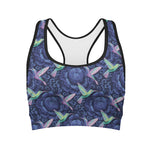 Dark Blue Floral Hummingbird Print Women's Sports Bra