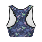 Dark Blue Floral Hummingbird Print Women's Sports Bra