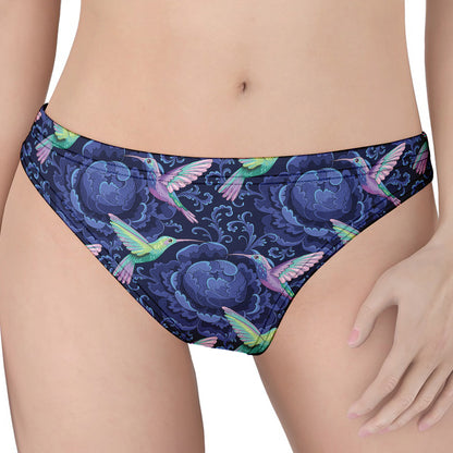 Dark Blue Floral Hummingbird Print Women's Thong