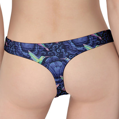 Dark Blue Floral Hummingbird Print Women's Thong