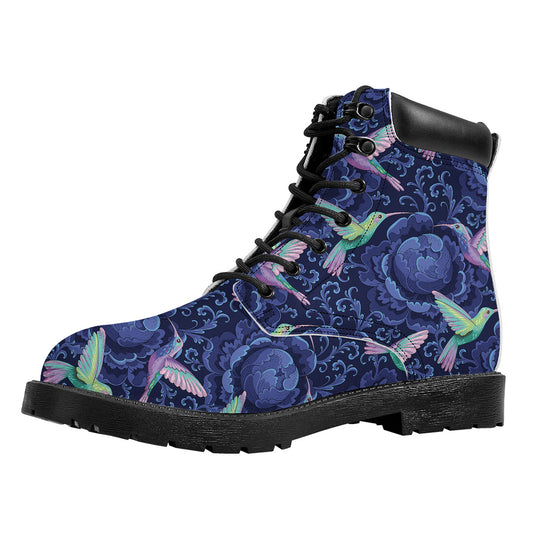 Dark Blue Floral Hummingbird Print Work Boots