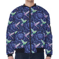 Dark Blue Floral Hummingbird Print Zip Sleeve Bomber Jacket