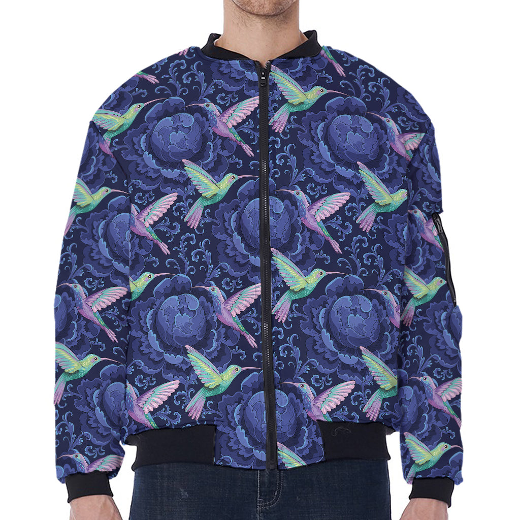 Dark Blue Floral Hummingbird Print Zip Sleeve Bomber Jacket