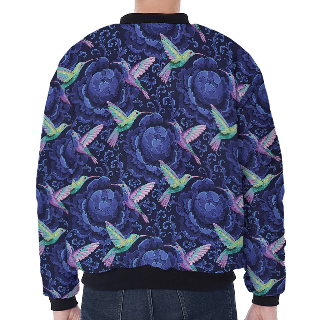 Dark Blue Floral Hummingbird Print Zip Sleeve Bomber Jacket
