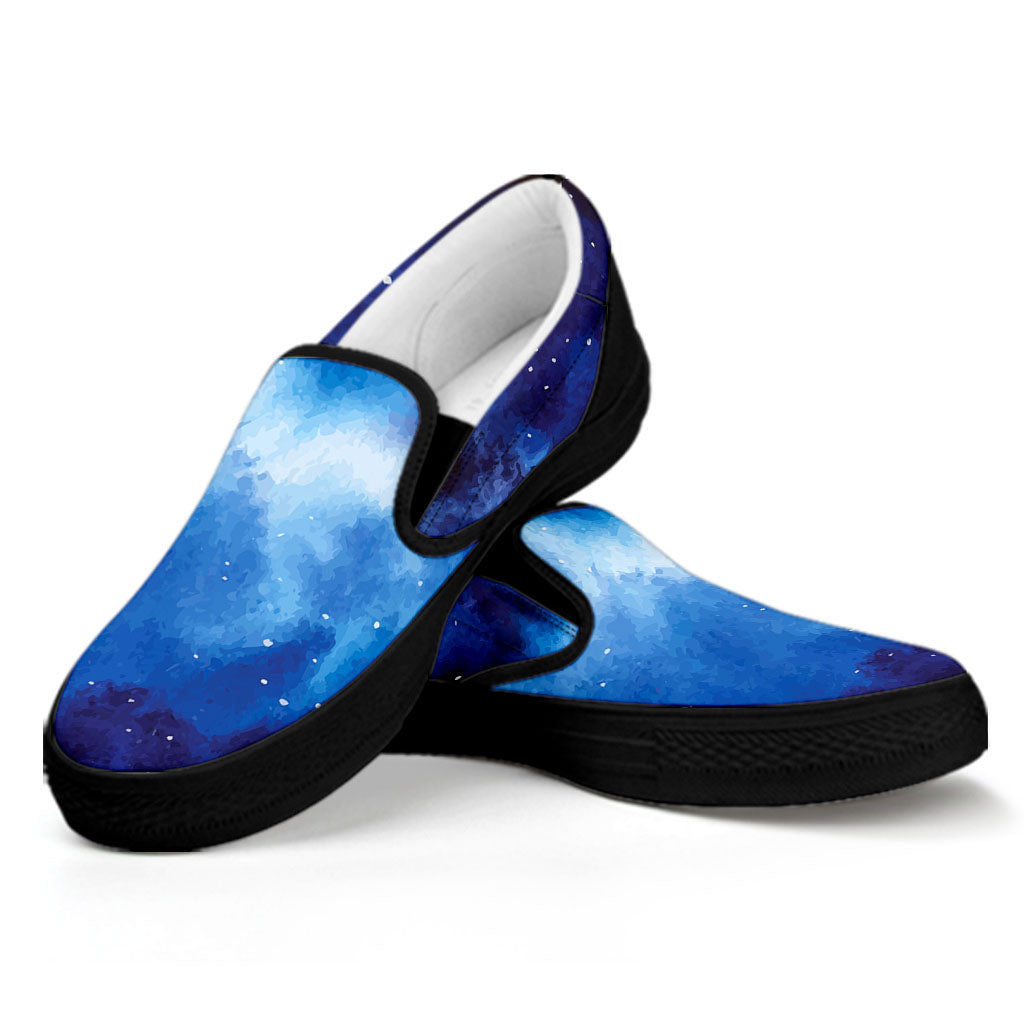 Dark Blue Galaxy Space Print Black Slip On Sneakers