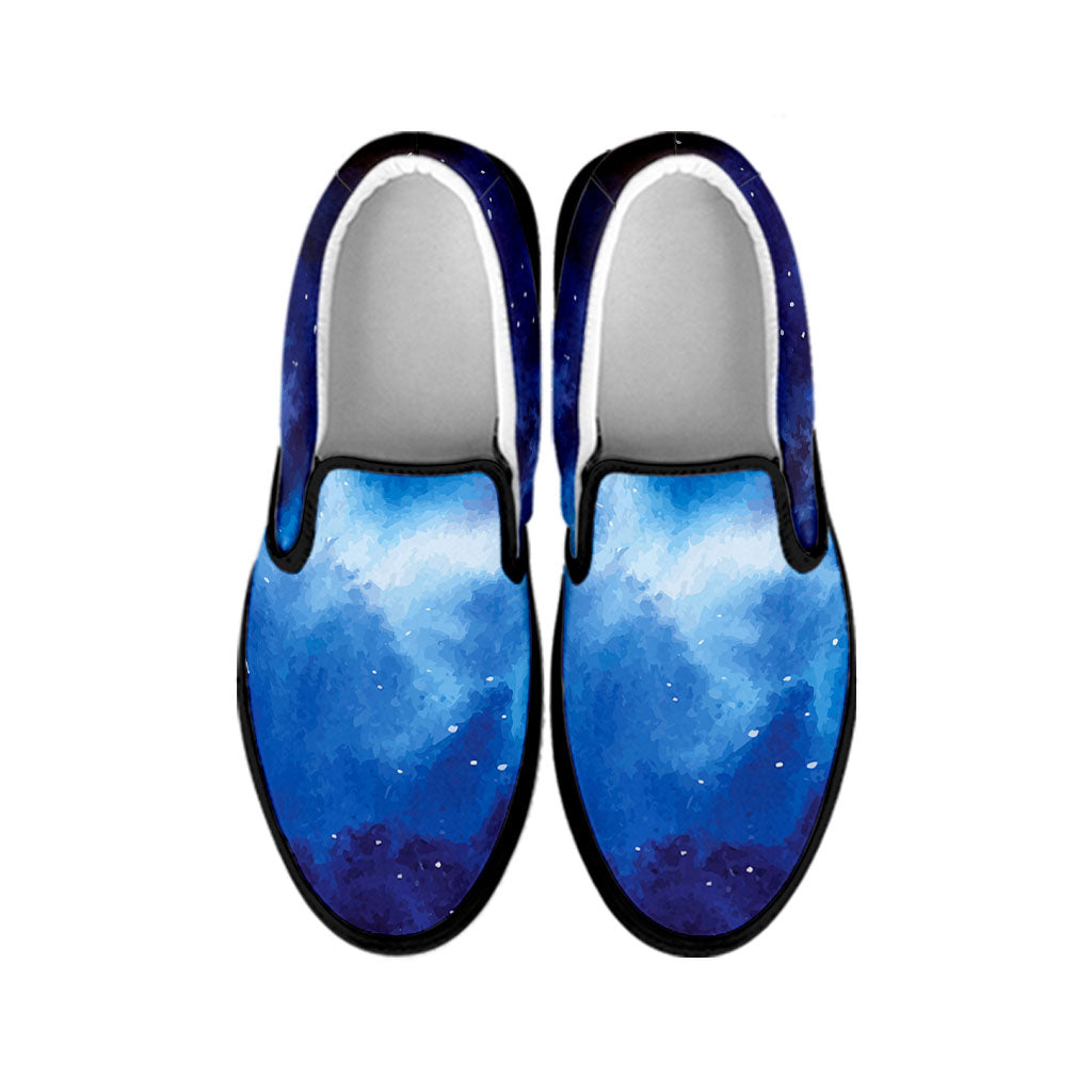 Dark Blue Galaxy Space Print Black Slip On Sneakers
