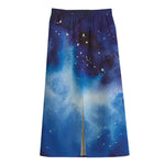 Dark Blue Galaxy Space Print Cotton Front Slit Maxi Skirt
