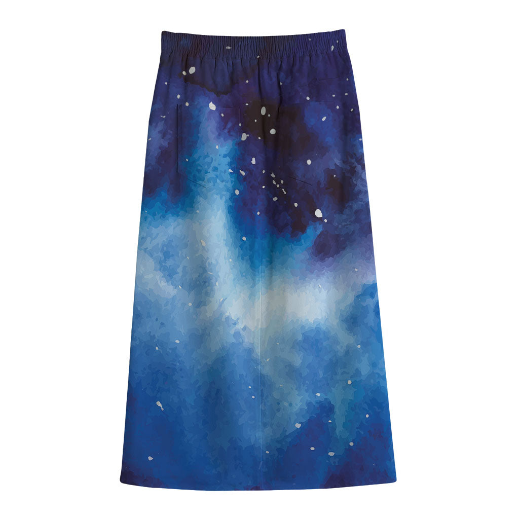 Dark Blue Galaxy Space Print Cotton Front Slit Maxi Skirt