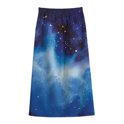 Dark Blue Galaxy Space Print Cotton Front Slit Maxi Skirt