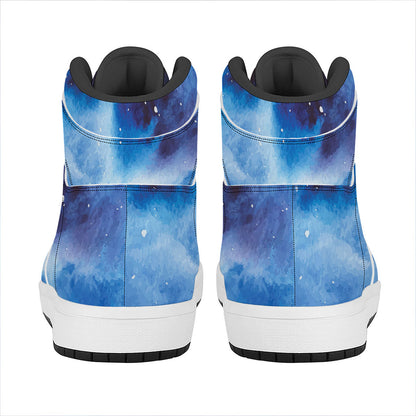 Dark Blue Galaxy Space Print High Top Leather Sneakers