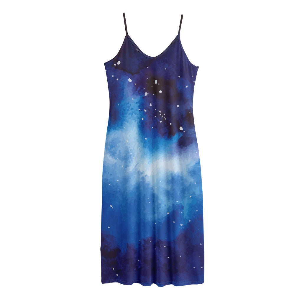 Dark Blue Galaxy Space Print Jersey Midi Cami Dress