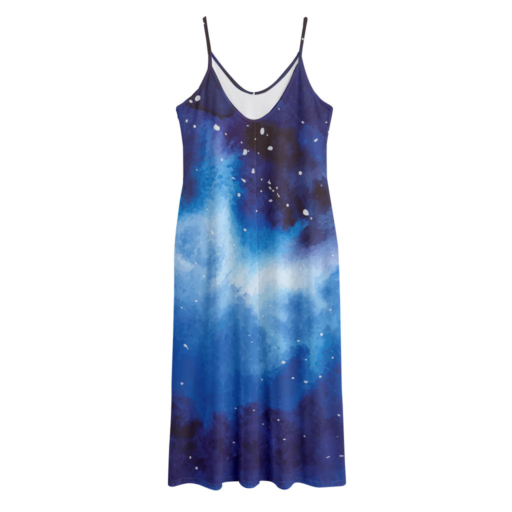 Dark Blue Galaxy Space Print Jersey Midi Cami Dress
