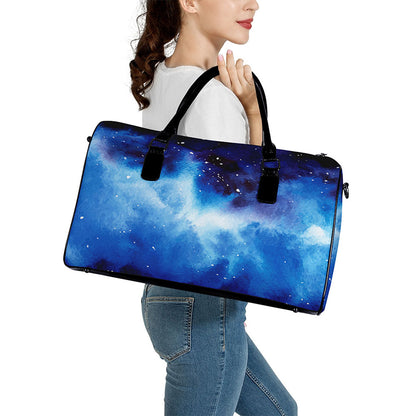 Dark Blue Galaxy Space Print Leather Duffle Bag