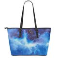 Dark Blue Galaxy Space Print Leather Tote Bag With Zipper