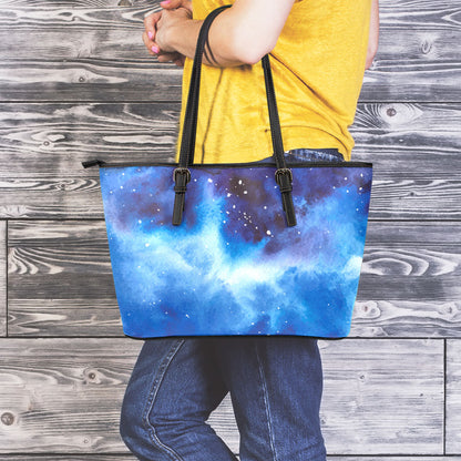 Dark Blue Galaxy Space Print Leather Tote Bag