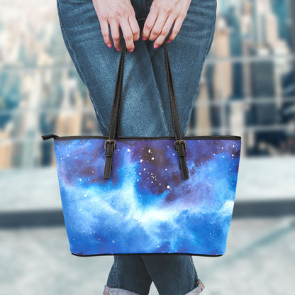 Dark Blue Galaxy Space Print Leather Tote Bag